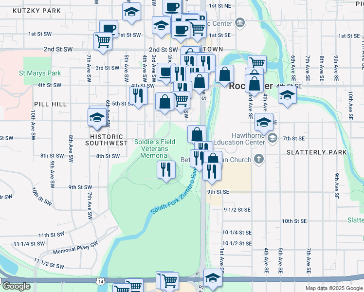 map of restaurants, bars, coffee shops, grocery stores, and more near 626 1st Avenue Southwest in Rochester