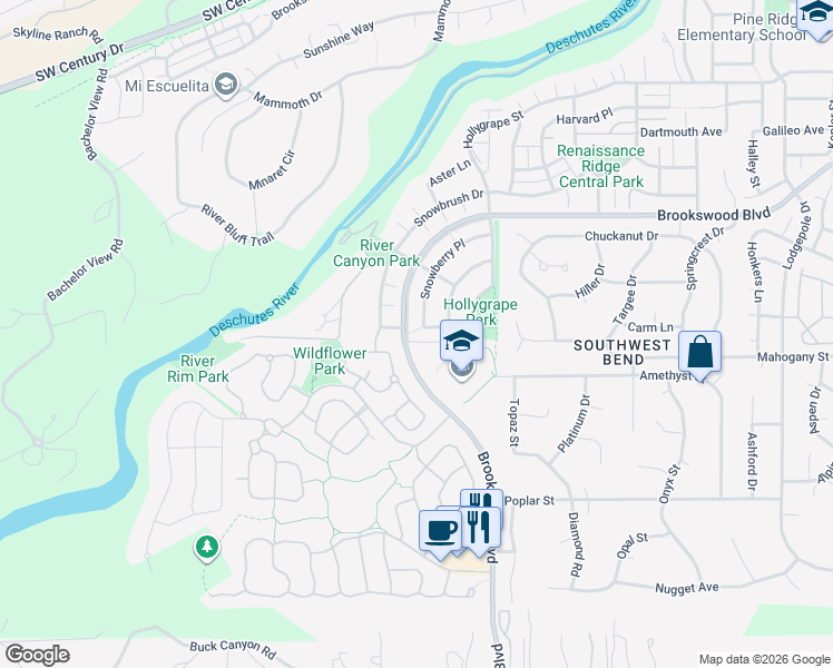 map of restaurants, bars, coffee shops, grocery stores, and more near 60943 Snowberry Place in Bend