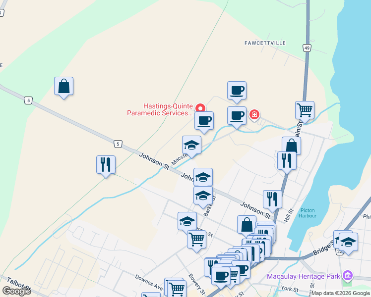 map of restaurants, bars, coffee shops, grocery stores, and more near 13 Macsteven Drive in Prince Edward County