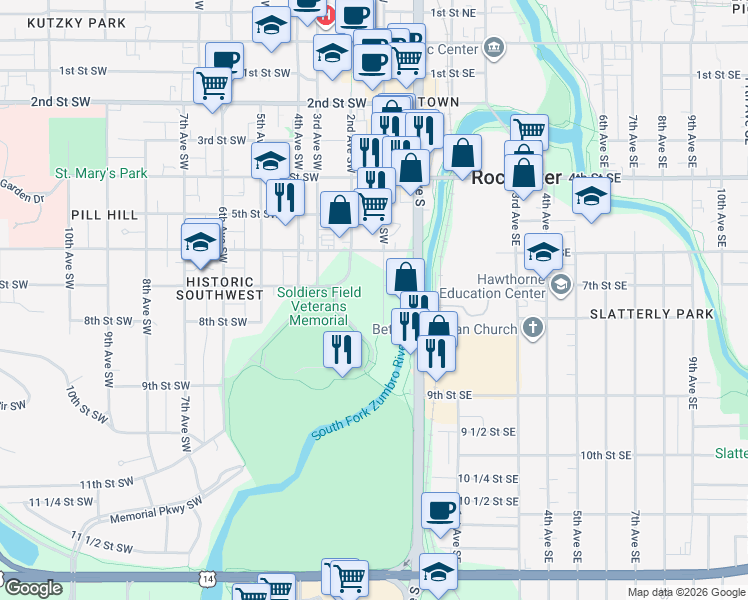 map of restaurants, bars, coffee shops, grocery stores, and more near 626 1st Avenue Southwest in Rochester