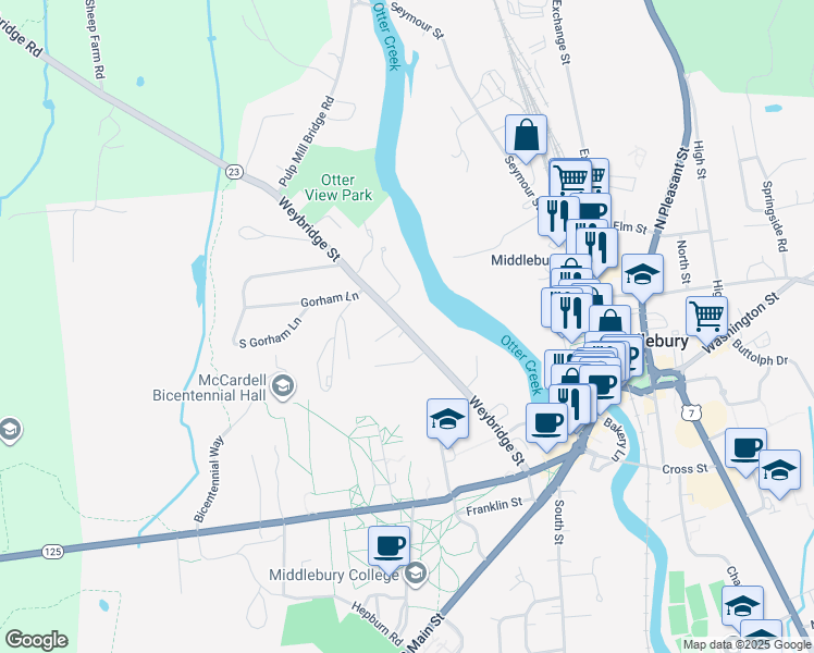 map of restaurants, bars, coffee shops, grocery stores, and more near 374 Weybridge Street in Middlebury