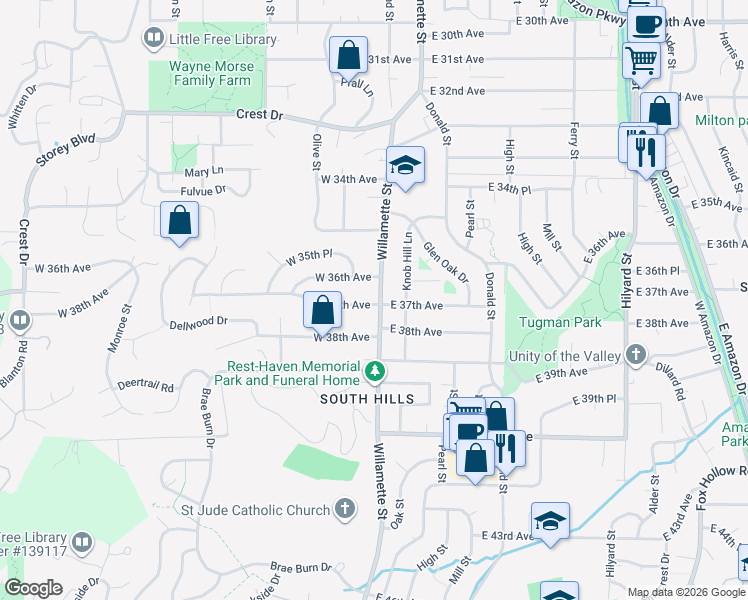 map of restaurants, bars, coffee shops, grocery stores, and more near 5 West 37th Avenue in Eugene