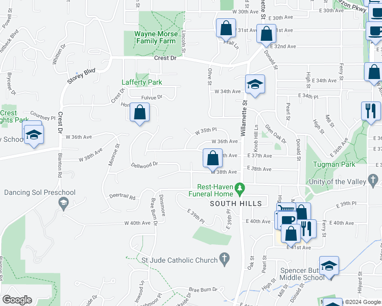 map of restaurants, bars, coffee shops, grocery stores, and more near 224 West 37th Avenue in Eugene