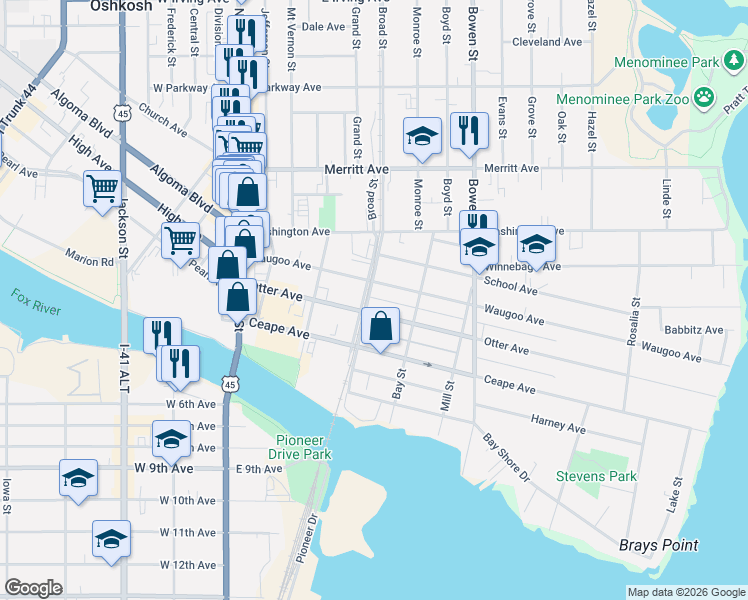 map of restaurants, bars, coffee shops, grocery stores, and more near 525 Waugoo Avenue in Oshkosh