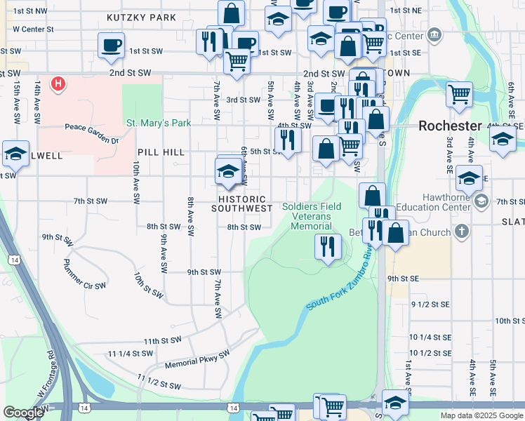 map of restaurants, bars, coffee shops, grocery stores, and more near 511 7th Street Southwest in Rochester