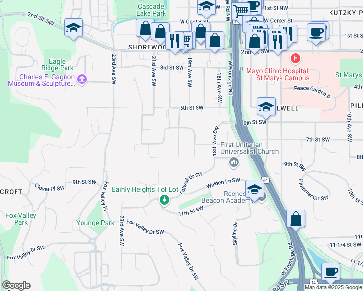 map of restaurants, bars, coffee shops, grocery stores, and more near 700 20th Avenue Southwest in Rochester