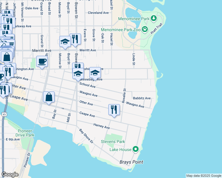 map of restaurants, bars, coffee shops, grocery stores, and more near 1122 School Avenue in Oshkosh