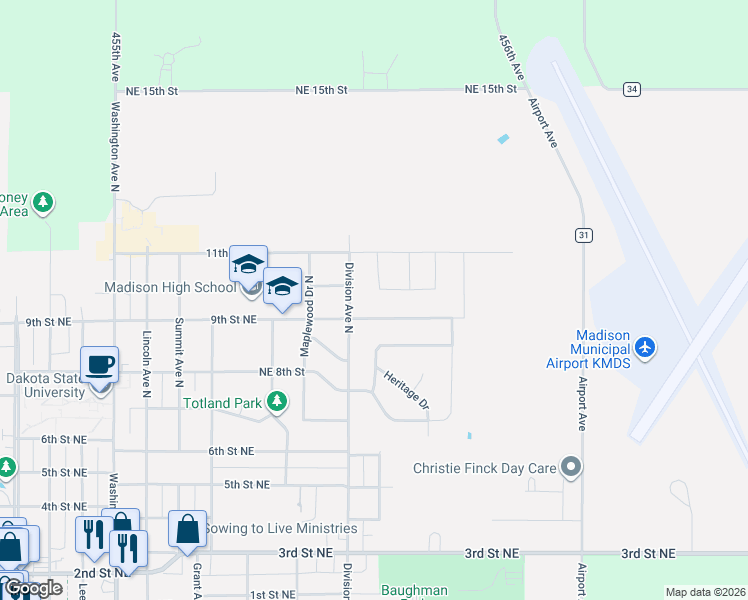map of restaurants, bars, coffee shops, grocery stores, and more near 1038 9th Street Northeast in Madison
