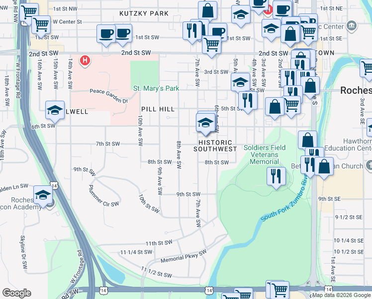 map of restaurants, bars, coffee shops, grocery stores, and more near 703 7th Street Southwest in Rochester