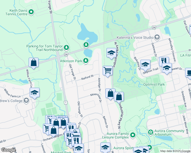 map of restaurants, bars, coffee shops, grocery stores, and more near 37 Raiford Street in Aurora
