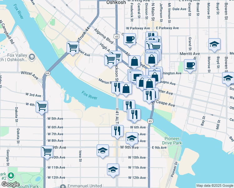 map of restaurants, bars, coffee shops, grocery stores, and more near Oshkosh Riverwalk in Oshkosh