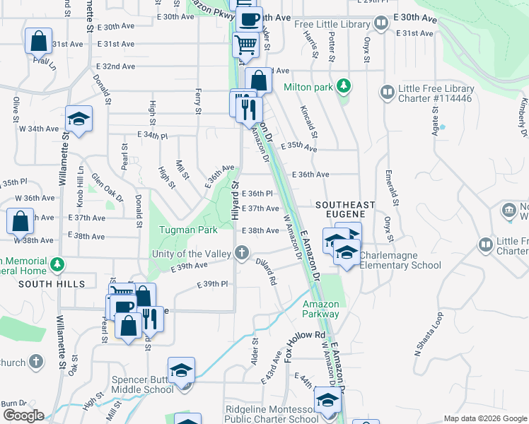 map of restaurants, bars, coffee shops, grocery stores, and more near 810 East 37th Avenue in Eugene