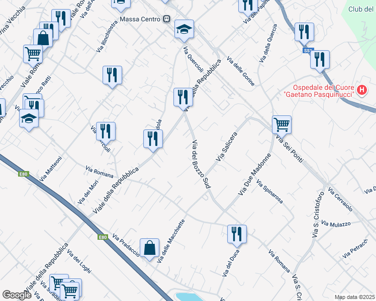 map of restaurants, bars, coffee shops, grocery stores, and more near 6 Via del Bozzo Sud in Massa