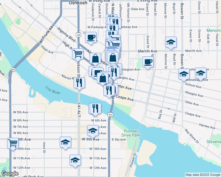 map of restaurants, bars, coffee shops, grocery stores, and more near 1 Pearl Avenue in Oshkosh