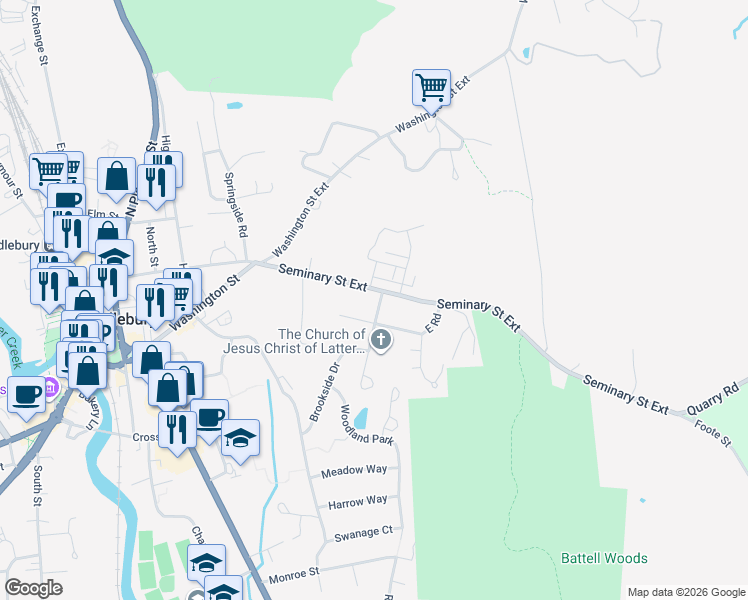 map of restaurants, bars, coffee shops, grocery stores, and more near 76 Seminary Street Extension in Middlebury