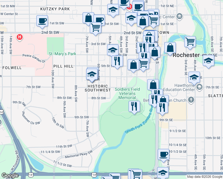 map of restaurants, bars, coffee shops, grocery stores, and more near 430 7th Street Southwest in Rochester