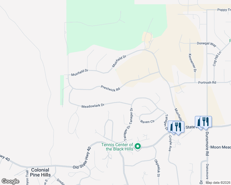 map of restaurants, bars, coffee shops, grocery stores, and more near 7141 Prestwick Road in Rapid City