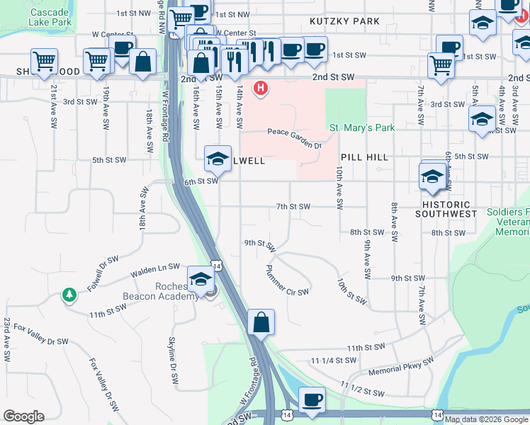 map of restaurants, bars, coffee shops, grocery stores, and more near 705 13th Avenue Southwest in Rochester