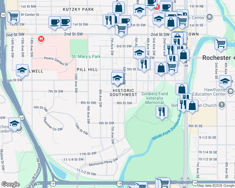 map of restaurants, bars, coffee shops, grocery stores, and more near 606 7th Street Southwest in Rochester