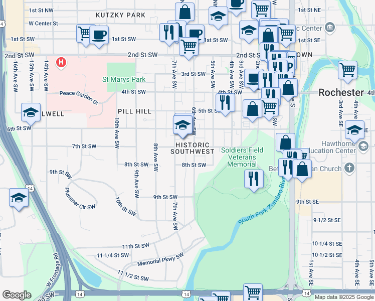 map of restaurants, bars, coffee shops, grocery stores, and more near 606 7th Street Southwest in Rochester