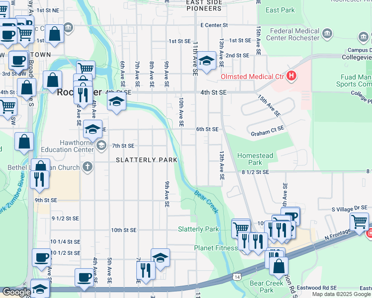 map of restaurants, bars, coffee shops, grocery stores, and more near 704 10th Avenue Southeast in Rochester