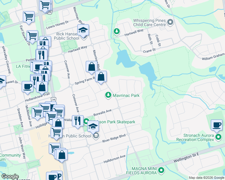 map of restaurants, bars, coffee shops, grocery stores, and more near 285 Mavrinac Boulevard in Aurora