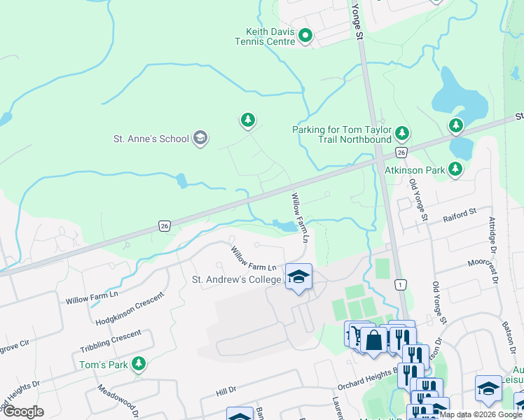 map of restaurants, bars, coffee shops, grocery stores, and more near Saint Johns Side Road in Whitchurch-Stouffville