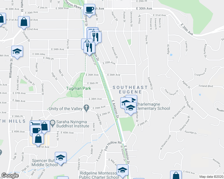 map of restaurants, bars, coffee shops, grocery stores, and more near 3695 East Amazon Drive in Eugene