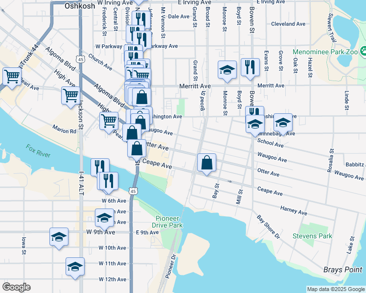 map of restaurants, bars, coffee shops, grocery stores, and more near 403 Waugoo Avenue in Oshkosh