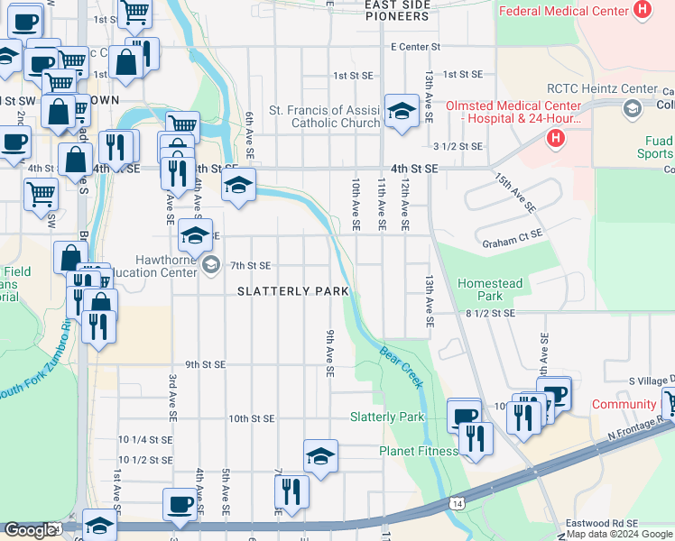 map of restaurants, bars, coffee shops, grocery stores, and more near 704 9th Avenue Southeast in Rochester