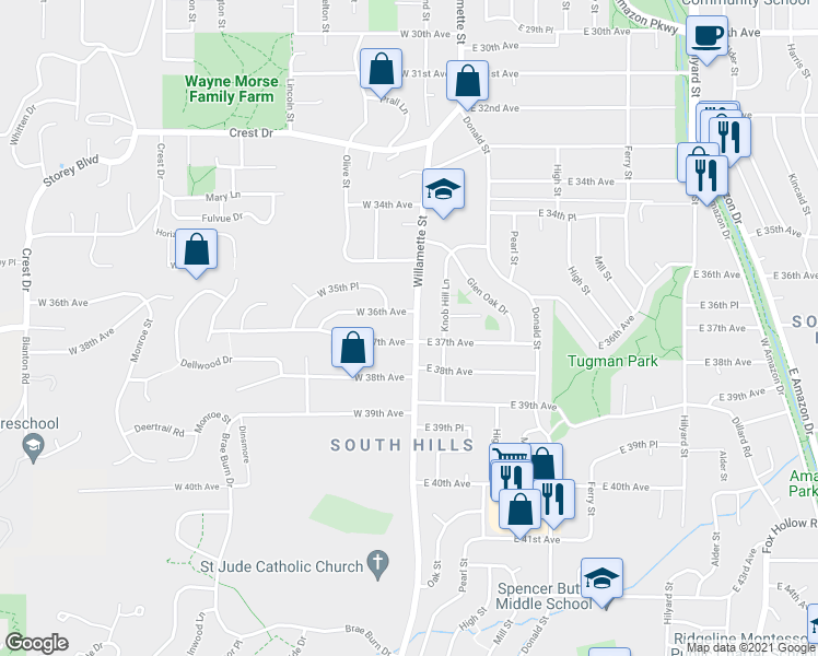 map of restaurants, bars, coffee shops, grocery stores, and more near 3670 Willamette Street in Eugene