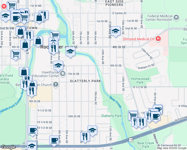 map of restaurants, bars, coffee shops, grocery stores, and more near 704 9th Avenue Southeast in Rochester
