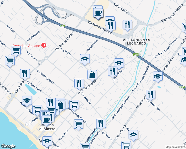 map of restaurants, bars, coffee shops, grocery stores, and more near 13 Via Fiume in Marina di Massa
