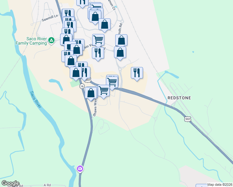 map of restaurants, bars, coffee shops, grocery stores, and more near 302 Redstone Street in Conway