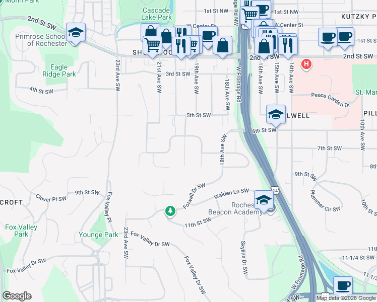 map of restaurants, bars, coffee shops, grocery stores, and more near 620 20th Avenue Southwest in Rochester