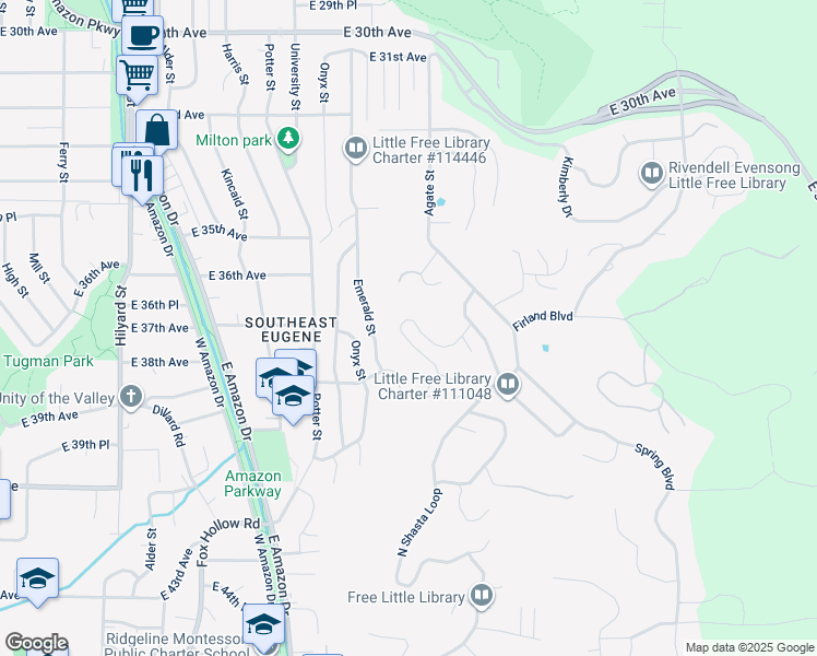 map of restaurants, bars, coffee shops, grocery stores, and more near 3731 Pine Canyon Drive in Eugene
