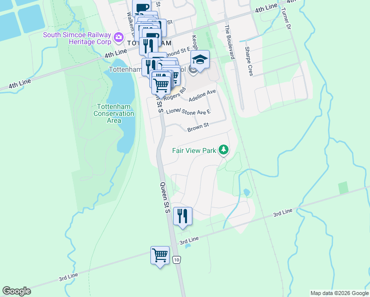 map of restaurants, bars, coffee shops, grocery stores, and more near 35 Pridham Place in New Tecumseth