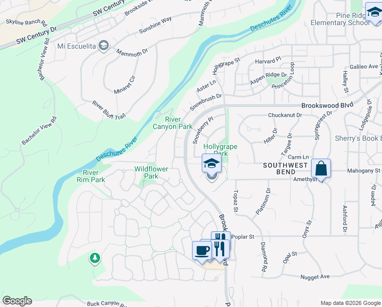 map of restaurants, bars, coffee shops, grocery stores, and more near 60959 Snowberry Place in Bend
