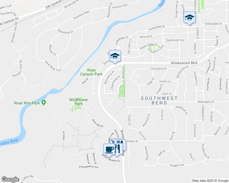 map of restaurants, bars, coffee shops, grocery stores, and more near 19568 Salmonberry Court in Bend