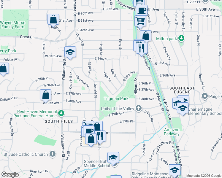 map of restaurants, bars, coffee shops, grocery stores, and more near 245 East 36th Avenue in Eugene