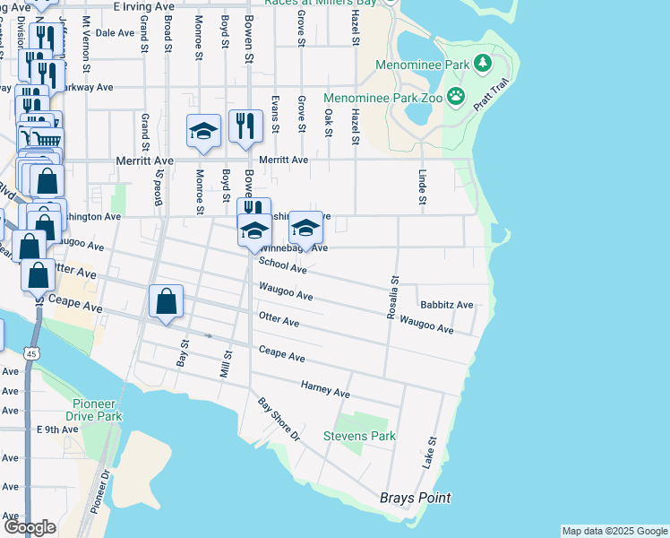 map of restaurants, bars, coffee shops, grocery stores, and more near 1030 School Avenue in Oshkosh