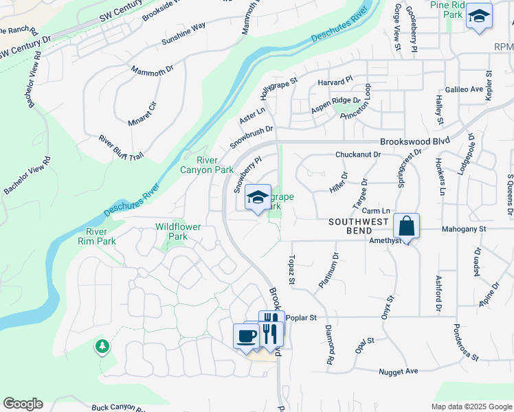 map of restaurants, bars, coffee shops, grocery stores, and more near 19568 Salmonberry Court in Bend