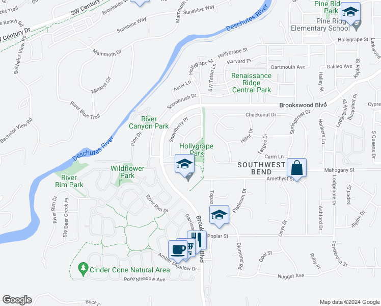 map of restaurants, bars, coffee shops, grocery stores, and more near 19434 Hollygrape Street in Bend