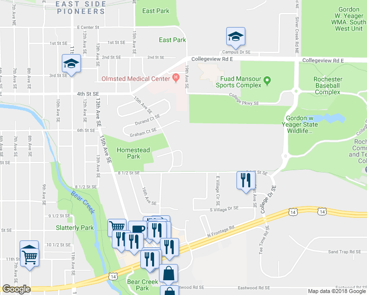 map of restaurants, bars, coffee shops, grocery stores, and more near 722 Neville Court Southeast in Rochester