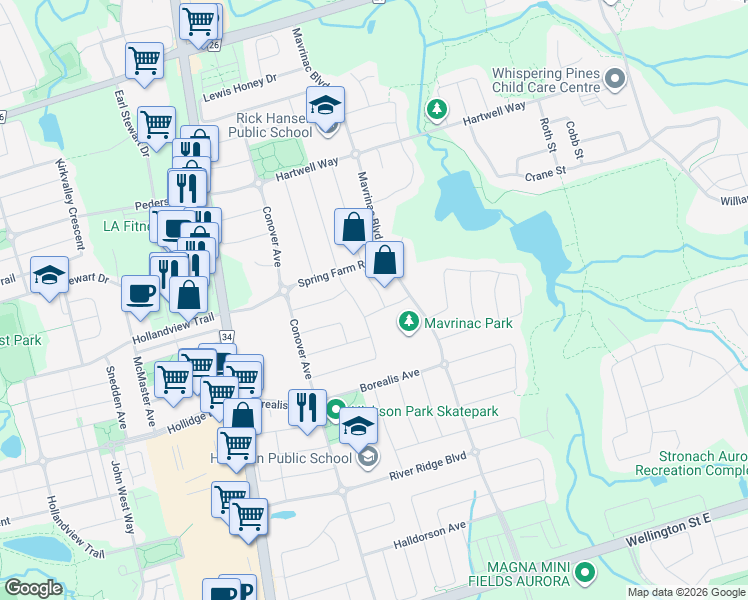 map of restaurants, bars, coffee shops, grocery stores, and more near 10 Usherwood Street in Aurora