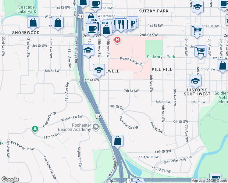 map of restaurants, bars, coffee shops, grocery stores, and more near 705 13th Avenue Southwest in Rochester