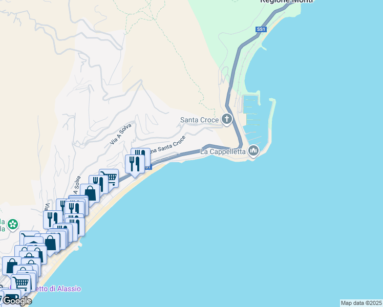 map of restaurants, bars, coffee shops, grocery stores, and more near 68 Passeggiata Cadorna in Alassio