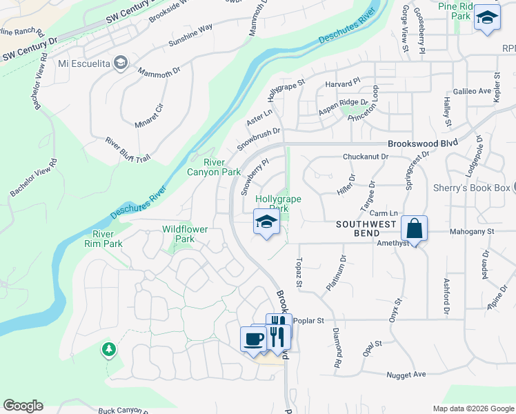 map of restaurants, bars, coffee shops, grocery stores, and more near 19568 Salmonberry Court in Bend