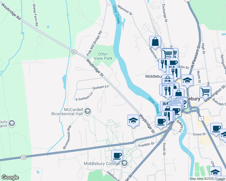 map of restaurants, bars, coffee shops, grocery stores, and more near 435 Weybridge St in Middlebury