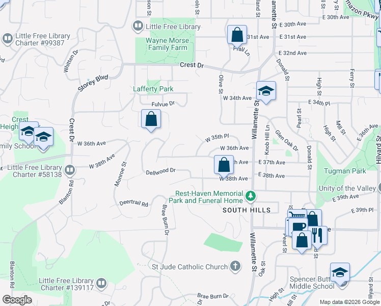 map of restaurants, bars, coffee shops, grocery stores, and more near 275 West 37th Avenue in Eugene